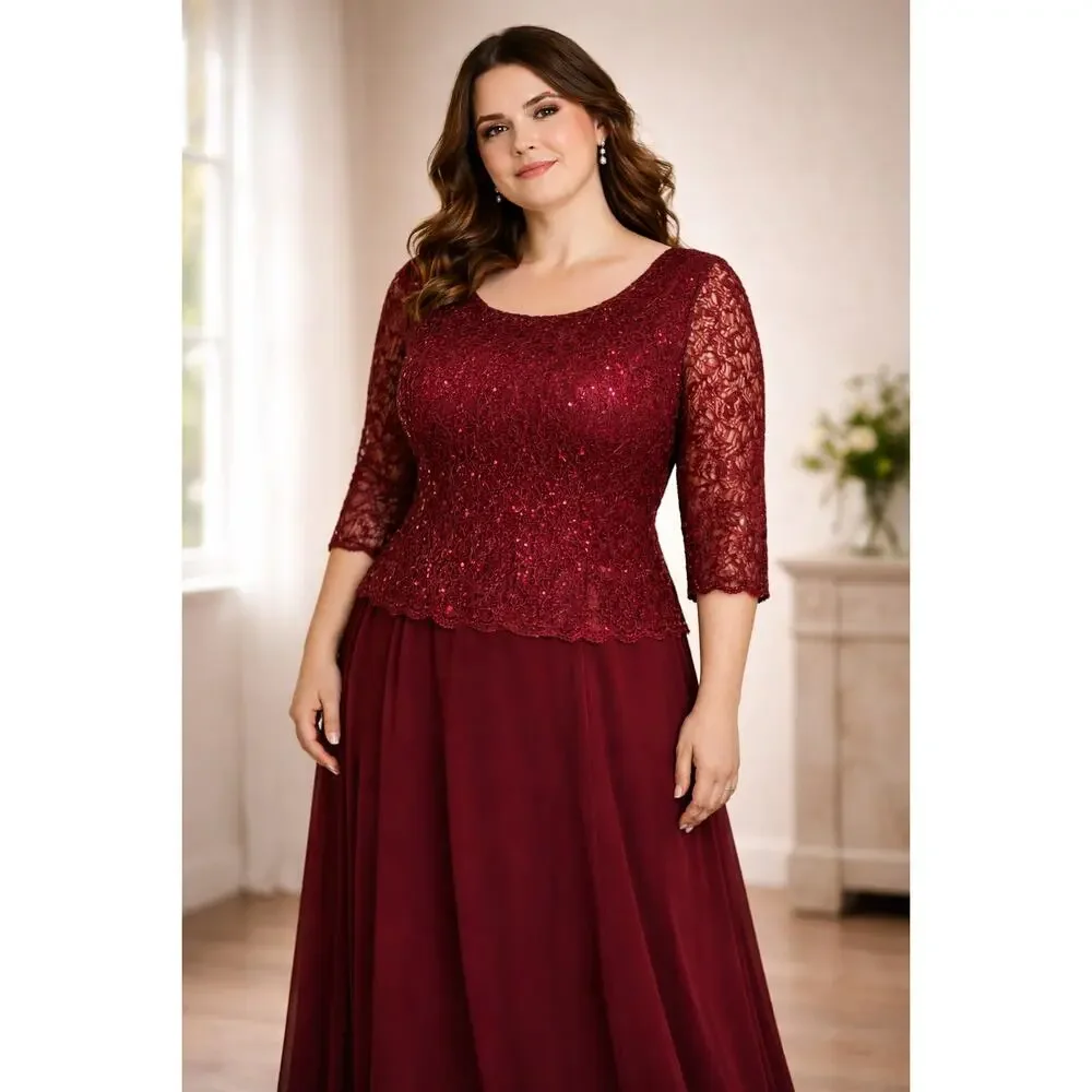 Plus Size Mother Bride Burgundy Lace Chiffon Formal Maxi Gown Cruise Formal 3XL - Picture 2 of 7
